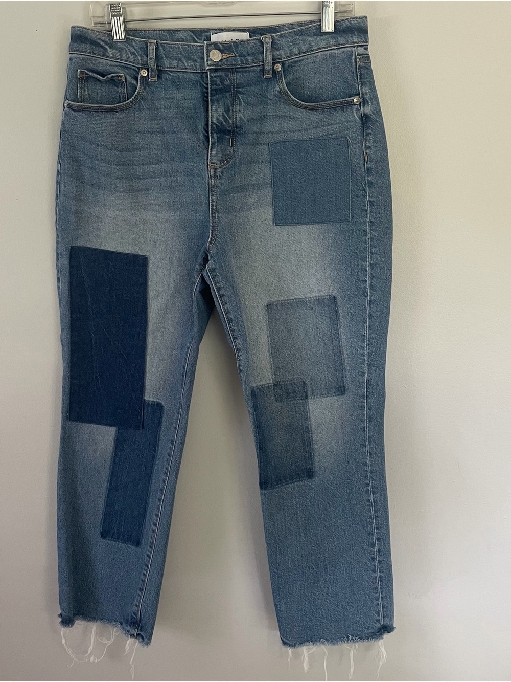 LOFT Patchwork Ankle Crop Strait Jeans in Blue Denim